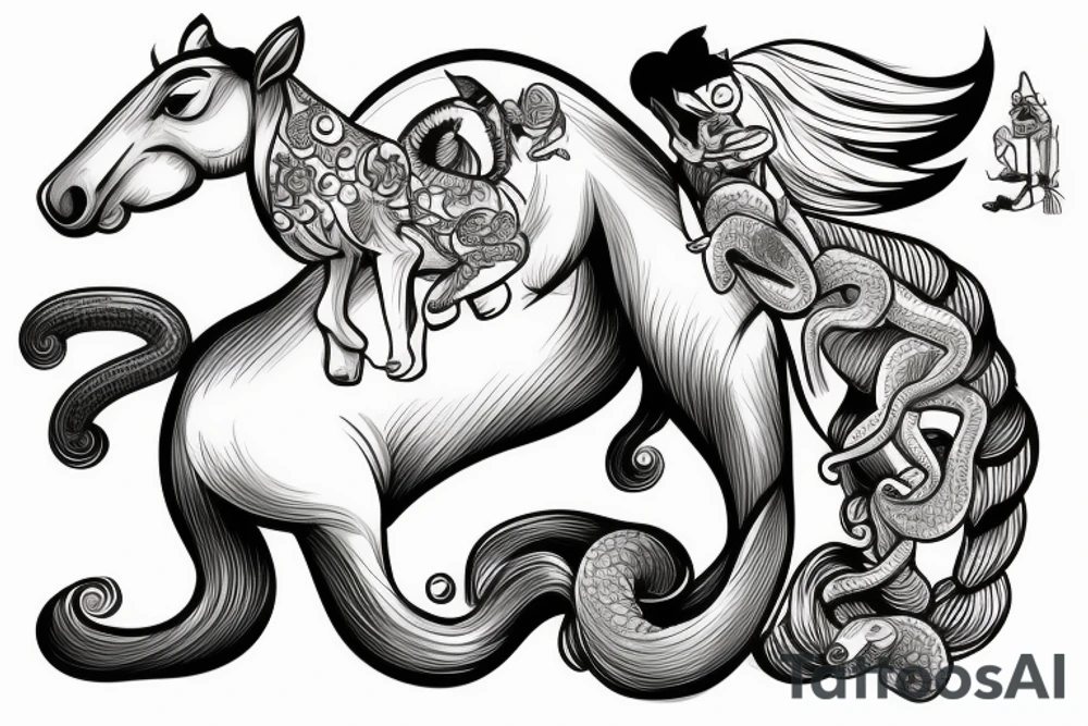A horse with a monkey riding on top , the monkey is swinging a baby cobra snake around tattoo idea