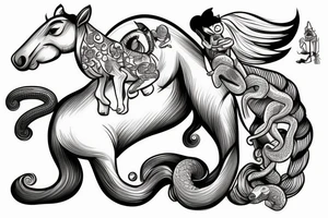 A horse with a monkey riding on top , the monkey is swinging a baby cobra snake around tattoo idea