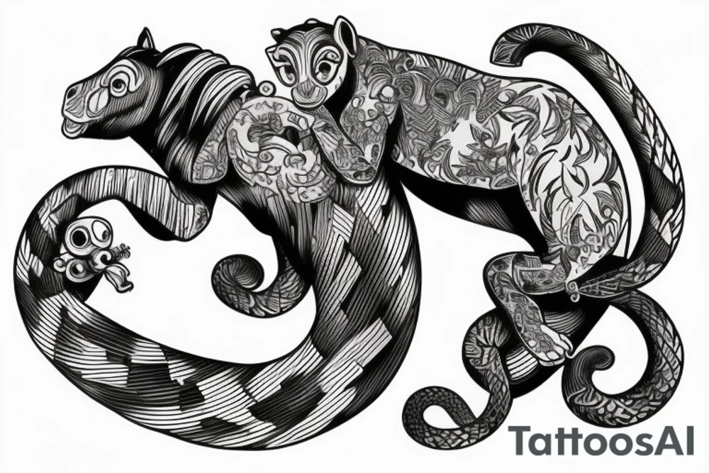 A horse with a monkey riding on top , the monkey is swinging a baby cobra snake around tattoo idea
