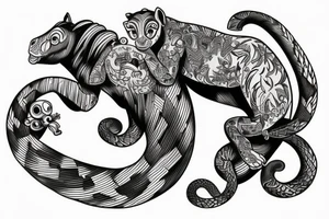 A horse with a monkey riding on top , the monkey is swinging a baby cobra snake around tattoo idea