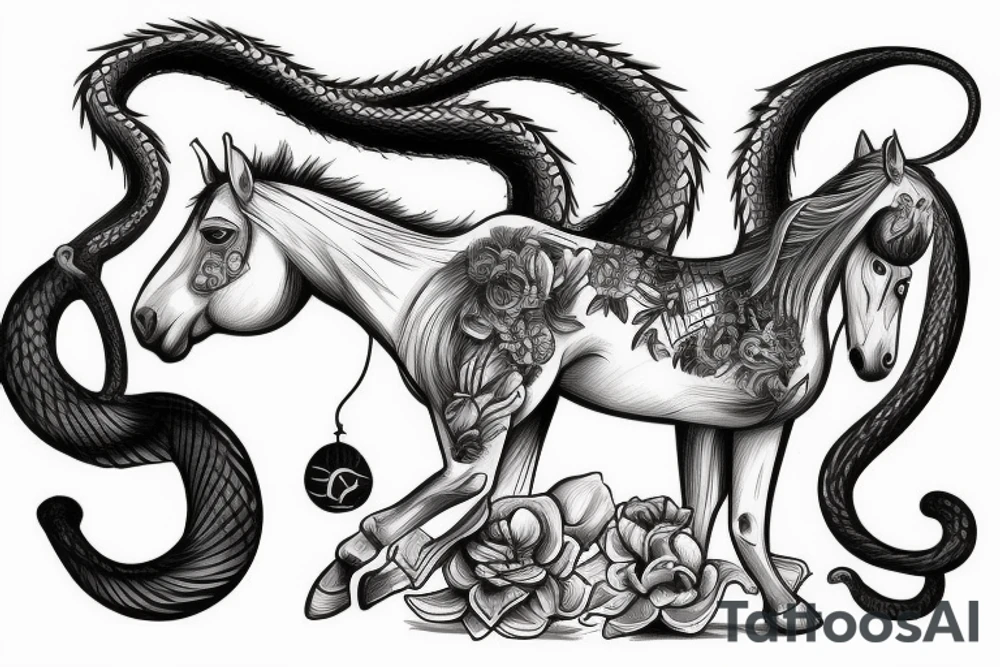 A horse with a monkey riding on top , the monkey is swinging a baby cobra snake around tattoo idea