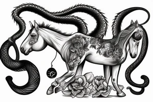 A horse with a monkey riding on top , the monkey is swinging a baby cobra snake around tattoo idea