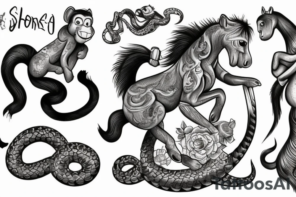 A horse with a monkey riding on top , the monkey is swinging a baby cobra snake around tattoo idea