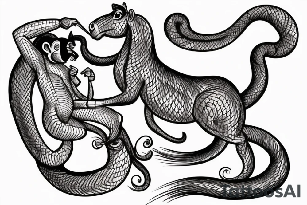 A horse with a monkey riding on top , the monkey is swinging a baby cobra snake around tattoo idea