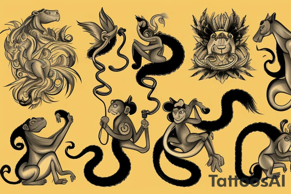 A horse with a monkey riding on top , the monkey is swinging a baby cobra snake around tattoo idea