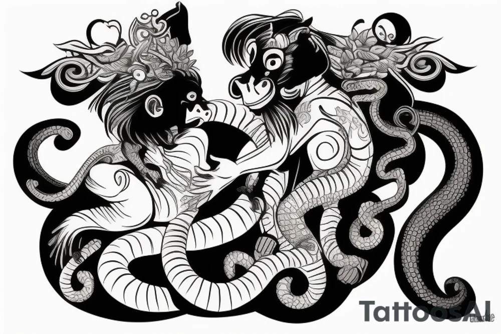 A horse with a monkey riding on top , the monkey is swinging a baby cobra snake around tattoo idea
