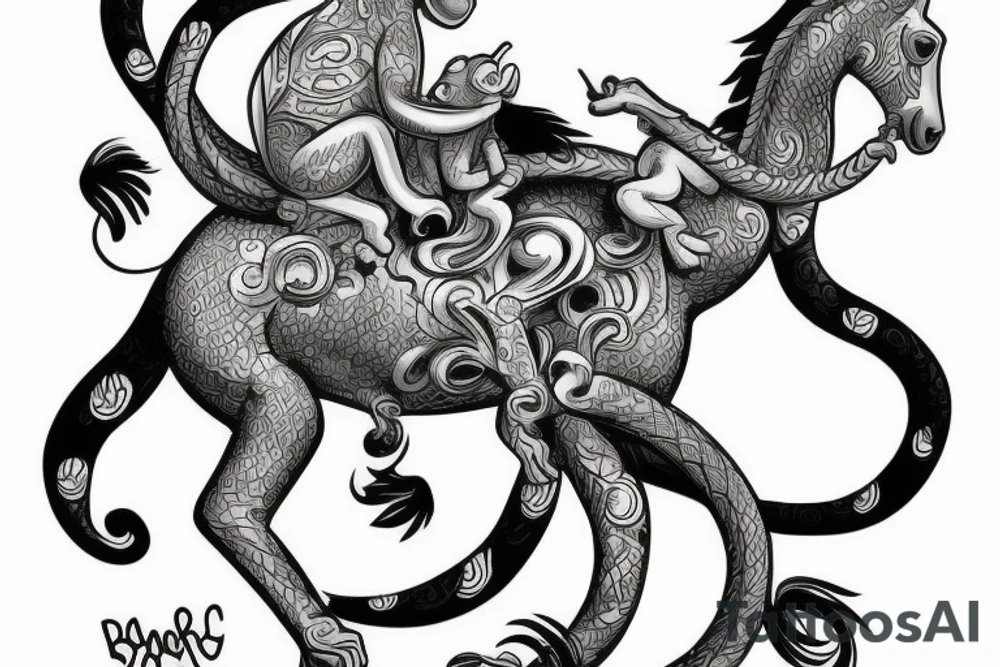 A horse with a monkey riding on top , the monkey is swinging a baby cobra snake around tattoo idea