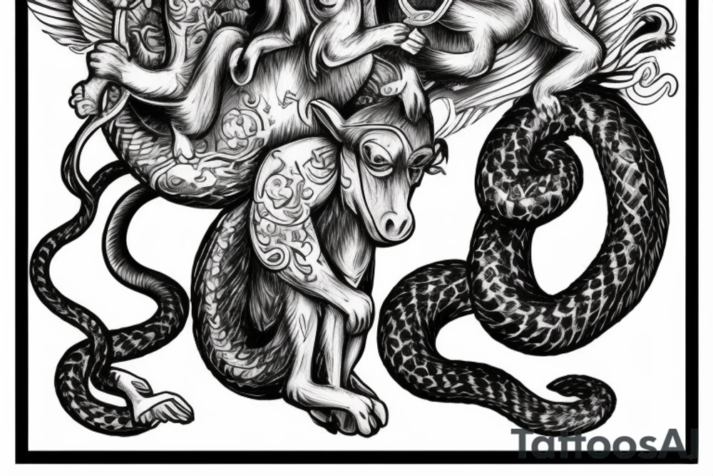 A horse with a monkey riding on top , the monkey is swinging a baby cobra snake around tattoo idea