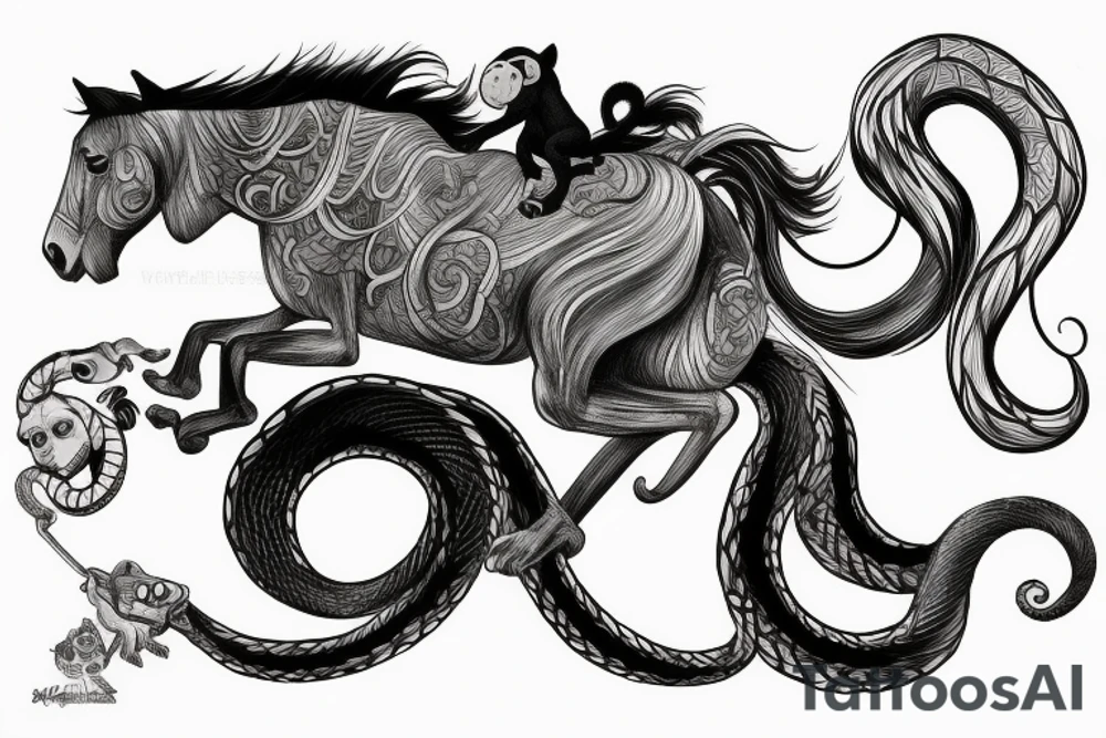 A horse with a monkey riding on top , the monkey is swinging a baby cobra snake around tattoo idea