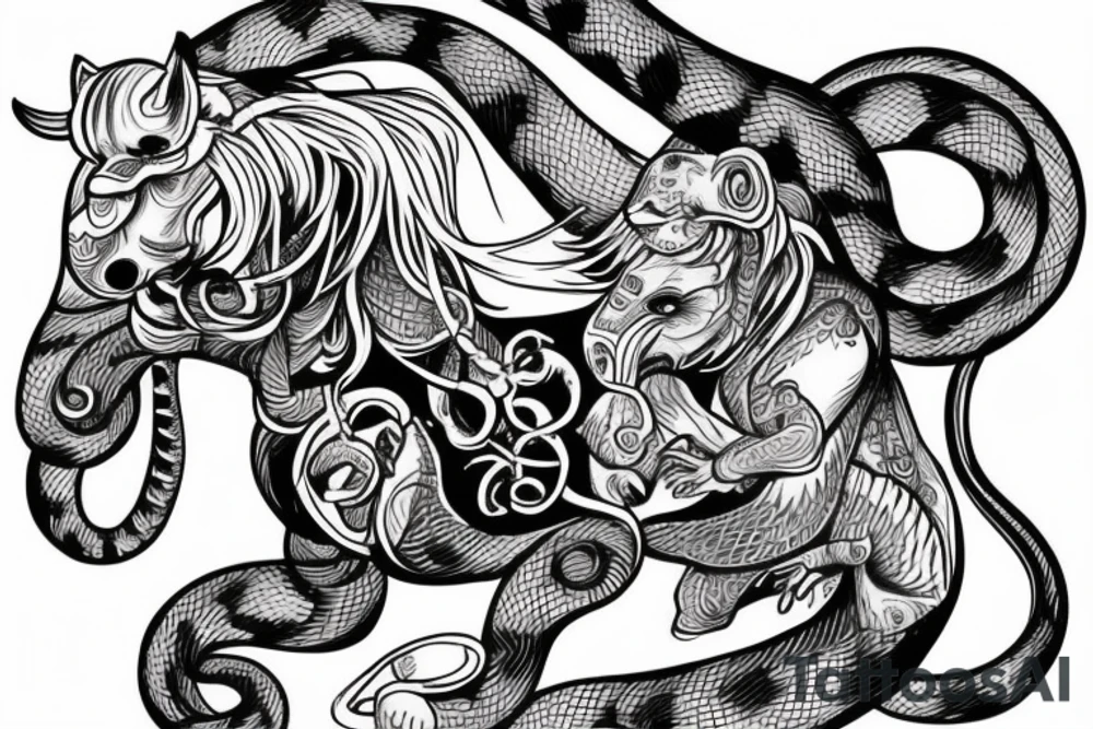 A horse with a monkey riding on top , the monkey is swinging a baby cobra snake around tattoo idea