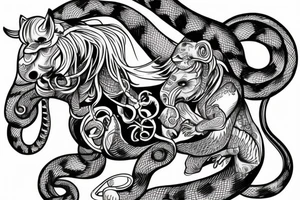 A horse with a monkey riding on top , the monkey is swinging a baby cobra snake around tattoo idea