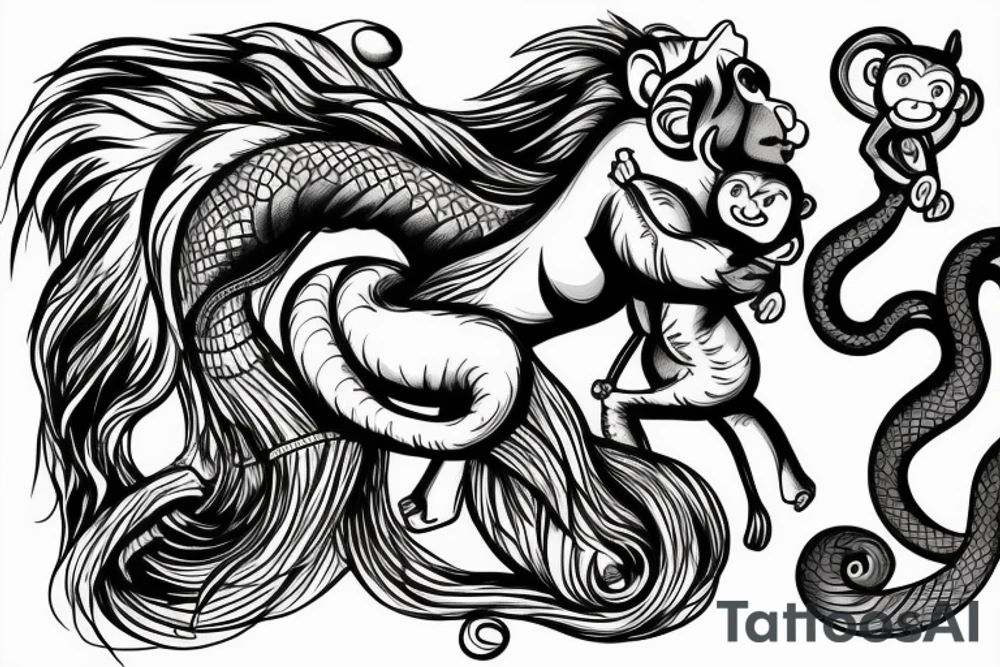 A horse with a monkey riding on top , the monkey is swinging a baby cobra snake around tattoo idea