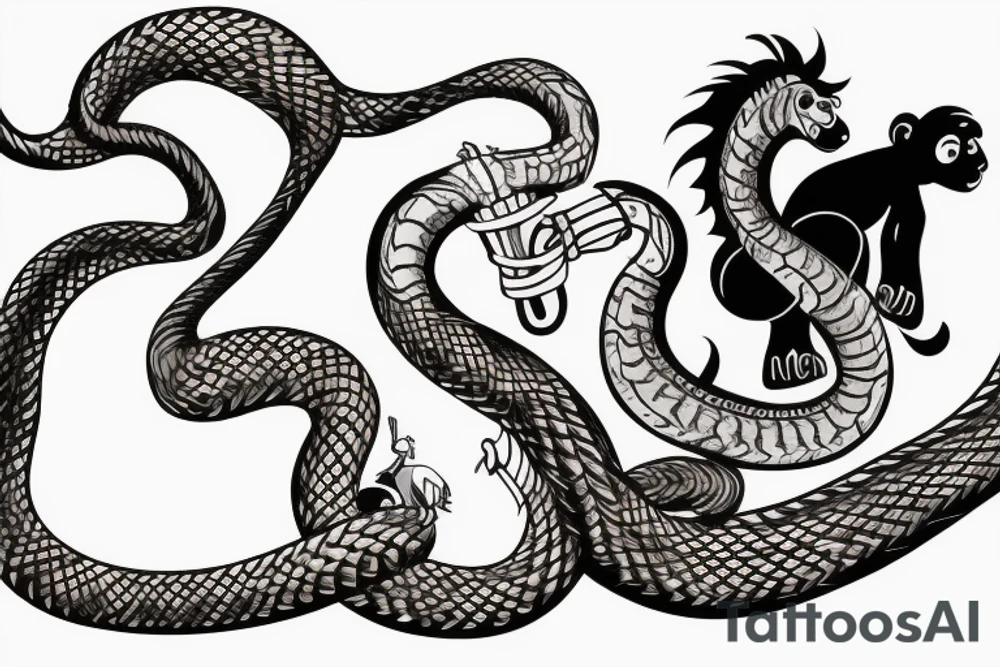 A horse with a monkey riding on top , the monkey is swinging a baby cobra snake around tattoo idea