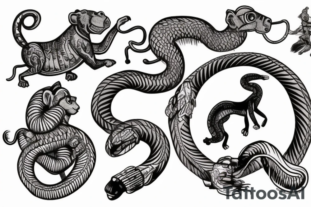 A horse with a monkey riding on top , the monkey is swinging a baby cobra snake around tattoo idea
