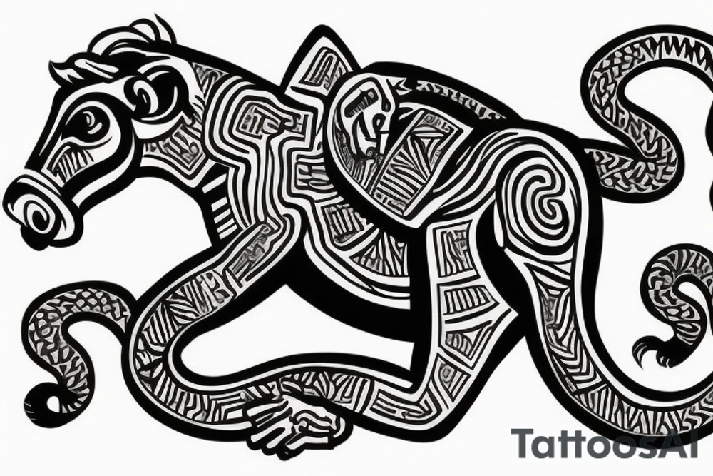 A horse with a monkey riding on top , the monkey is swinging a baby cobra snake around tattoo idea