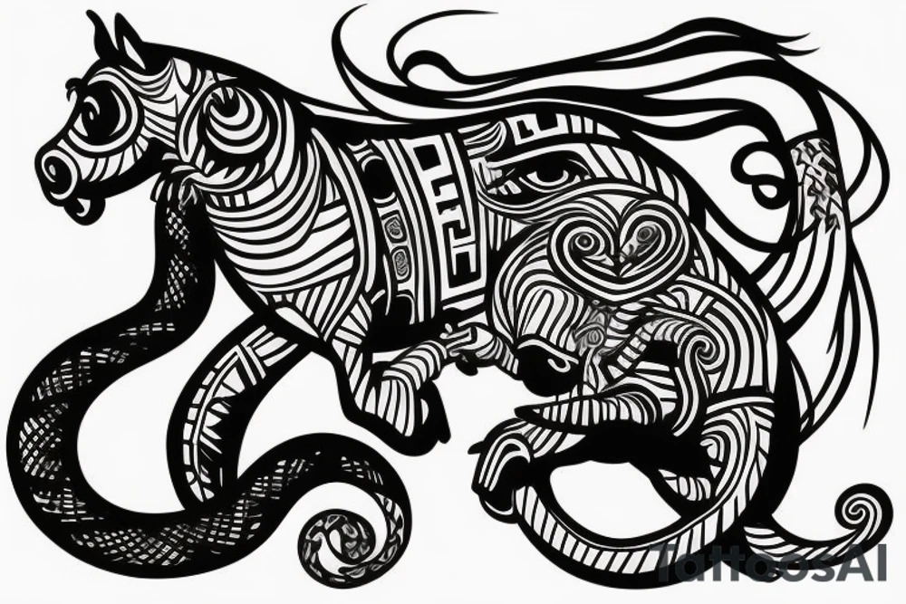 A horse with a monkey riding on top , the monkey is swinging a baby cobra snake around tattoo idea