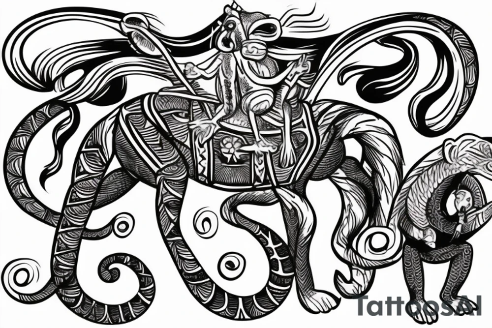 A horse with a monkey riding on top , the monkey is swinging a baby cobra snake around tattoo idea