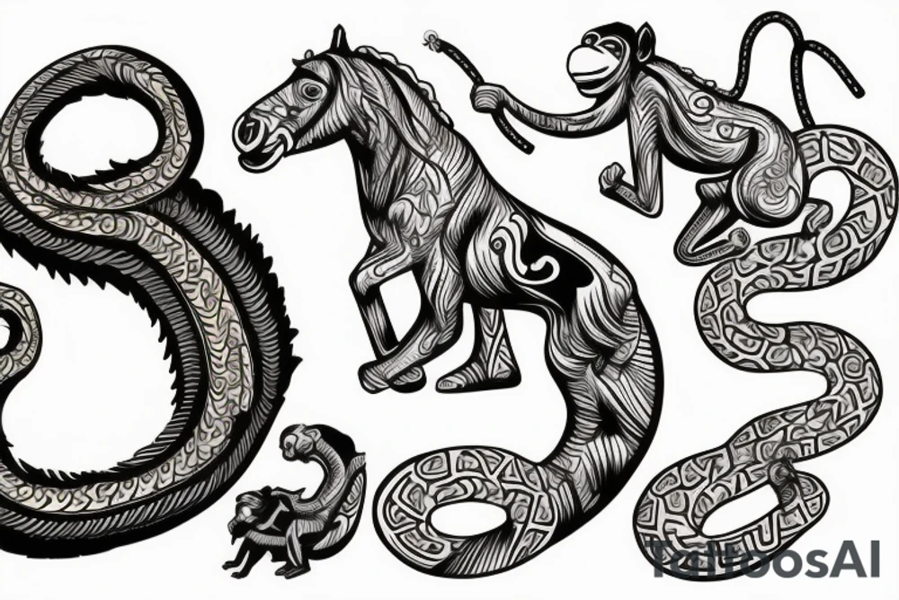 A horse with a monkey riding on top , the monkey is swinging a baby cobra snake around tattoo idea
