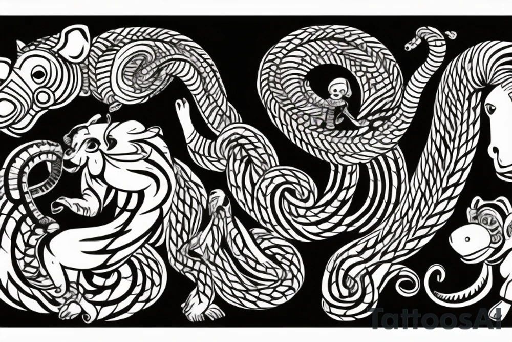 A horse with a monkey riding on top , the monkey is swinging a baby cobra snake around tattoo idea