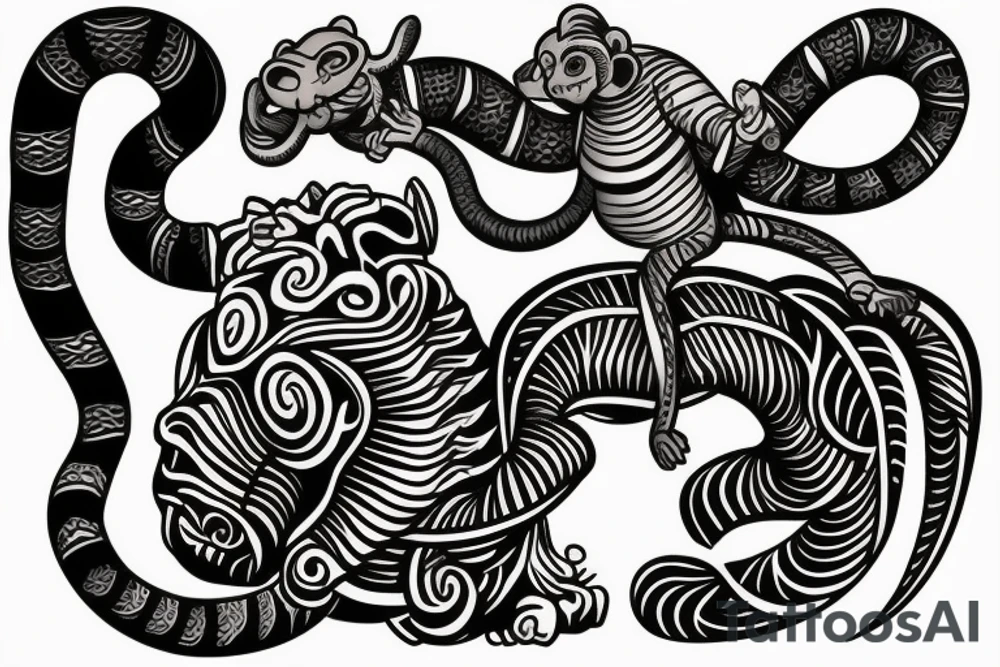 A horse with a monkey riding on top , the monkey is swinging a baby cobra snake around tattoo idea