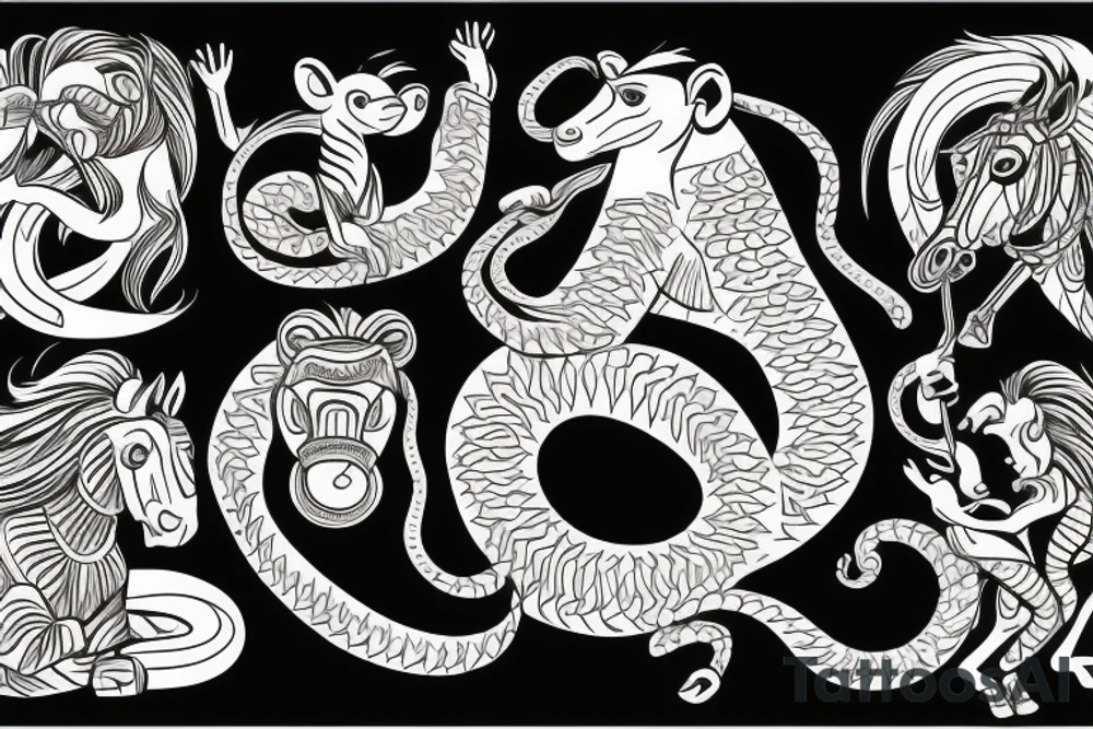A horse with a monkey riding on top , the monkey is swinging a baby cobra snake around tattoo idea