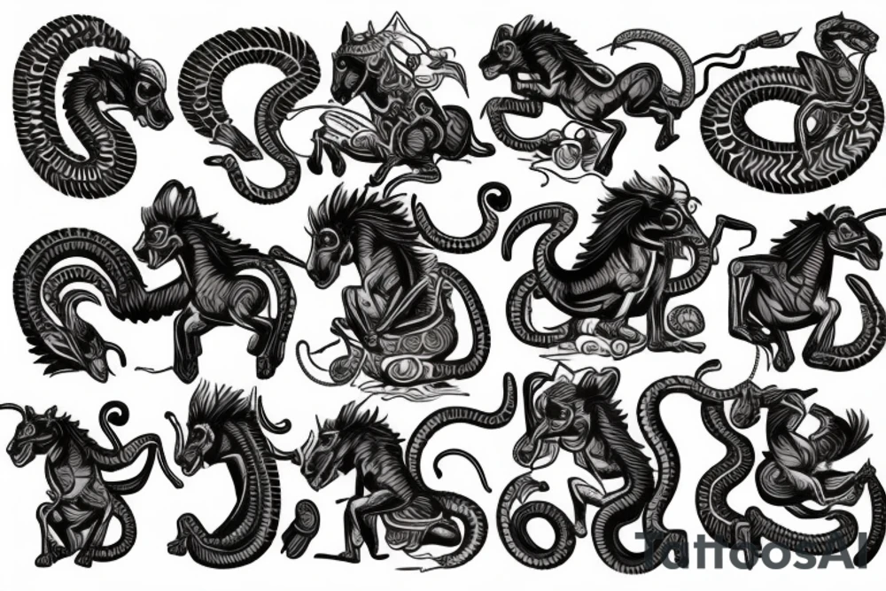A horse with a monkey riding on top , the monkey is swinging a baby cobra snake around tattoo idea