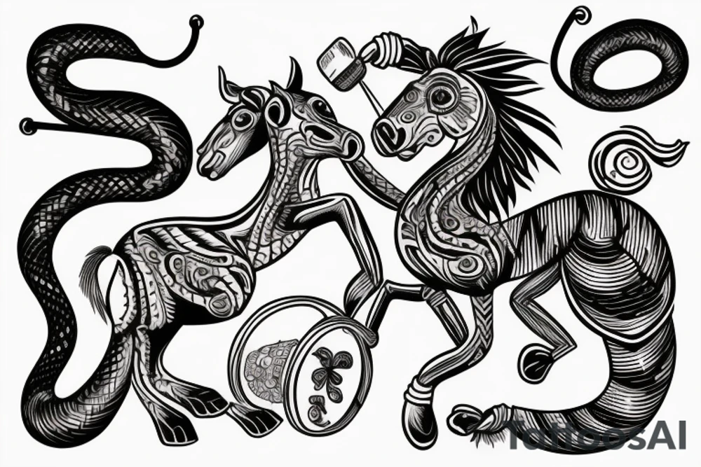 A horse with a monkey riding on top , the monkey is swinging a baby cobra snake around tattoo idea