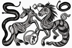 A horse with a monkey riding on top , the monkey is swinging a baby cobra snake around tattoo idea
