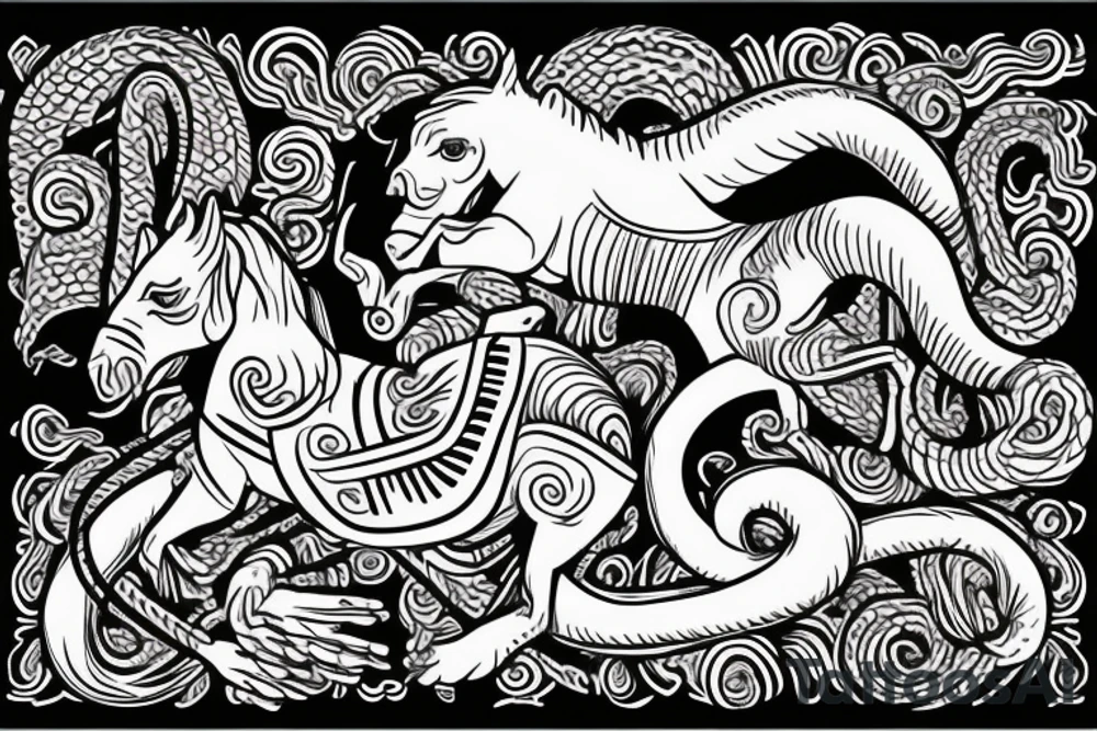 A horse with a monkey riding on top , the monkey is swinging a baby cobra snake around tattoo idea