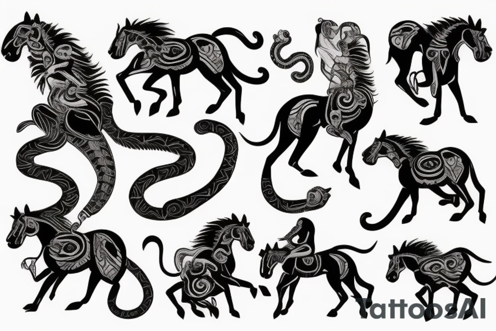 Monkey riding a horse, the monkey is holding a snake tattoo idea