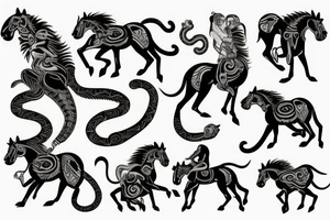 Monkey riding a horse, the monkey is holding a snake tattoo idea