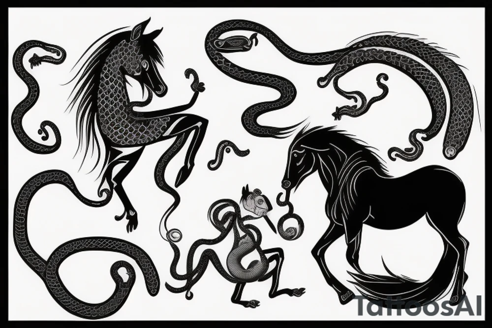 Horse with a monkey holding a snake tattoo idea