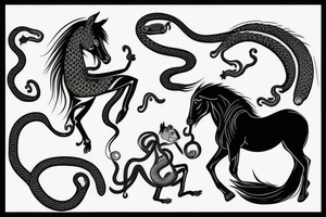 Horse with a monkey holding a snake tattoo idea