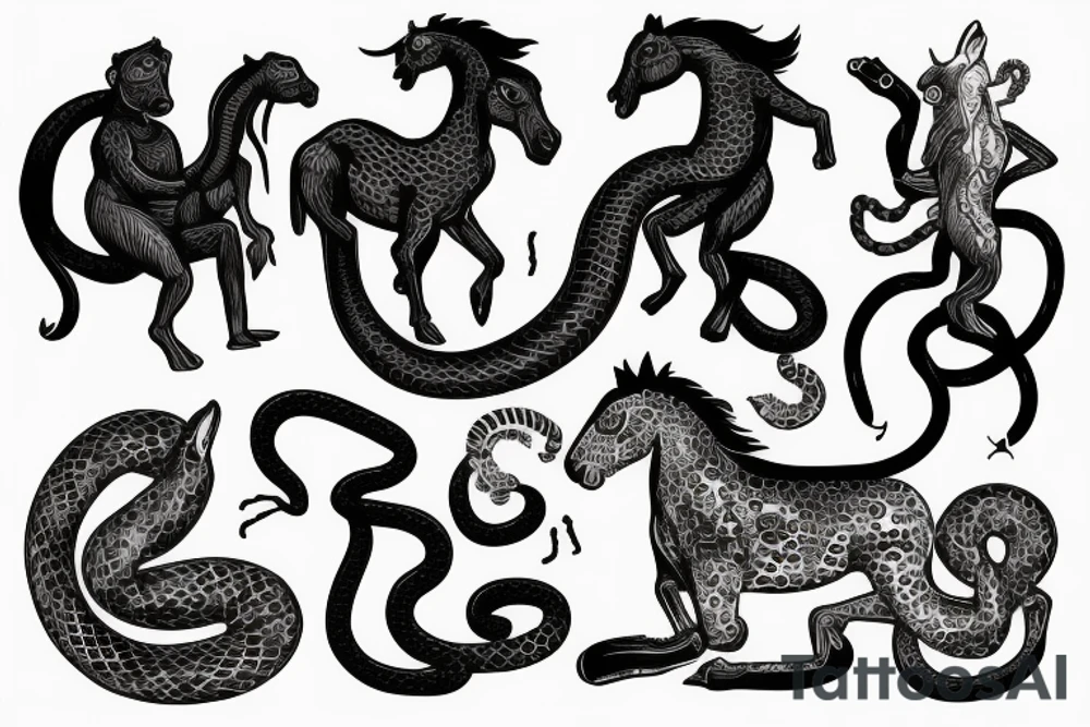 Horse with a monkey holding a snake tattoo idea