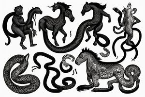 Horse with a monkey holding a snake tattoo idea