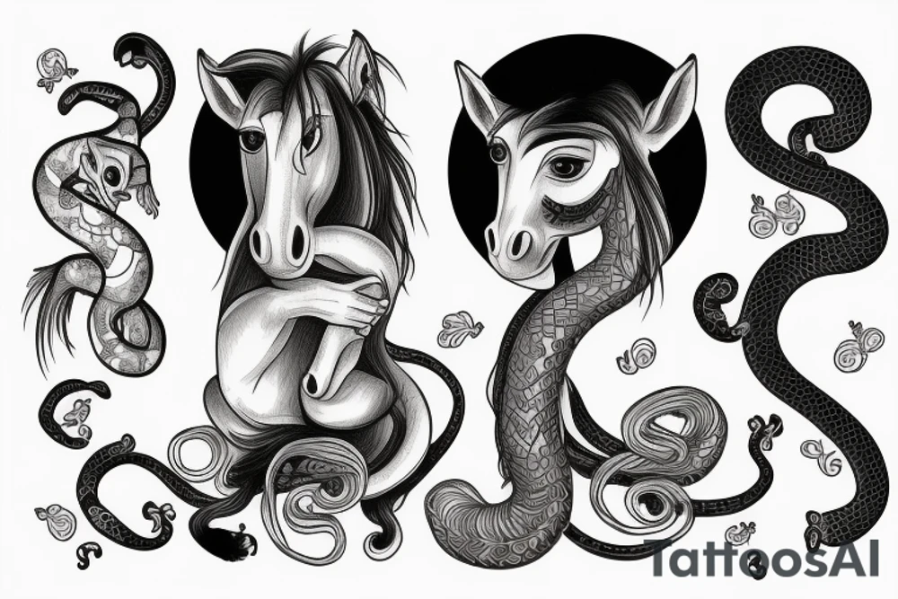 Horse with a monkey holding a snake tattoo idea