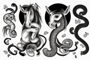 Horse with a monkey holding a snake tattoo idea