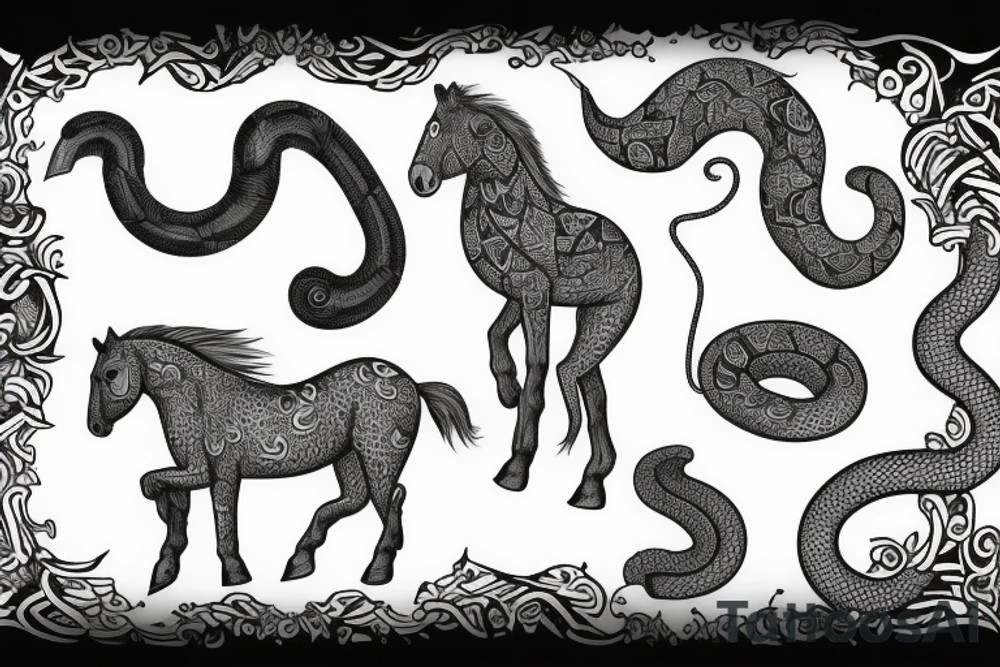 Horse with a monkey holding a snake tattoo idea