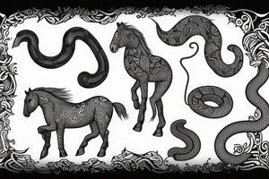 Horse with a monkey holding a snake tattoo idea