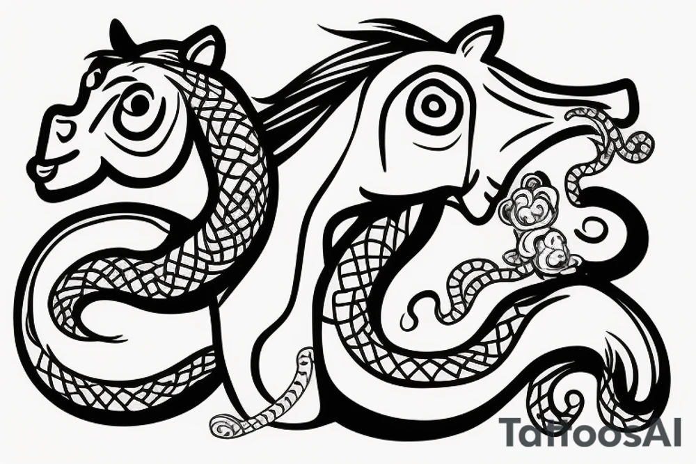 Horse with a monkey holding a snake tattoo idea