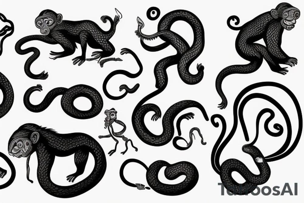 Monkey holding a snake riding a horse tattoo idea