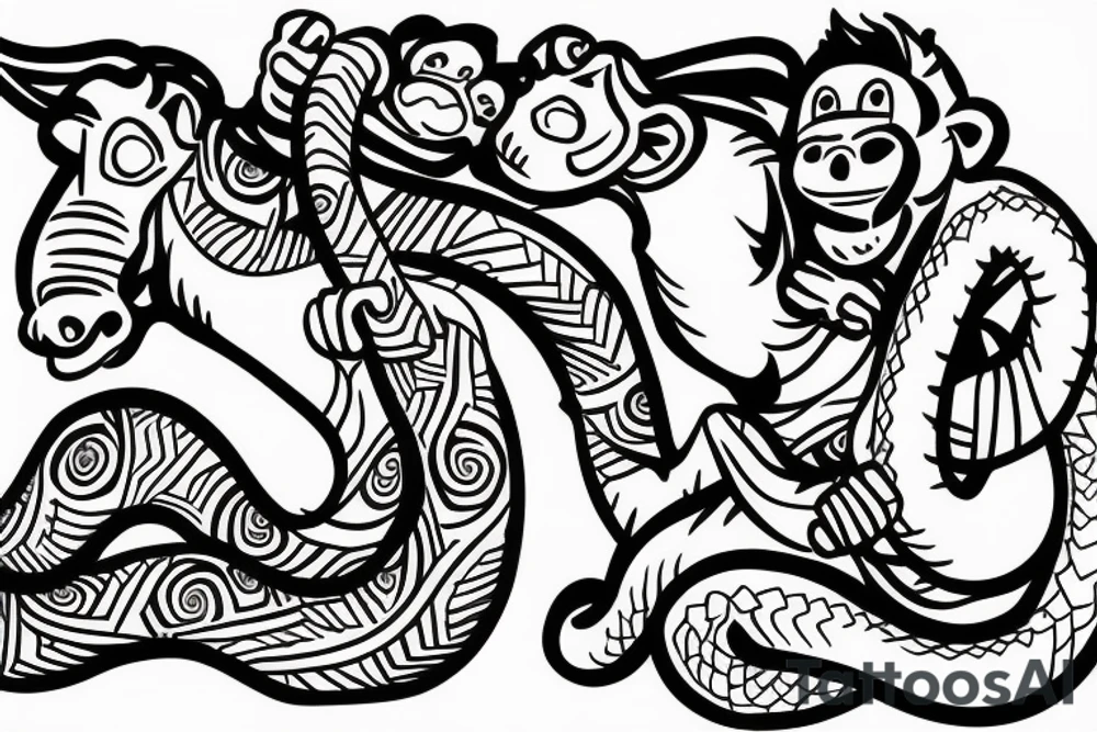 Monkey holding a snake riding a horse tattoo idea