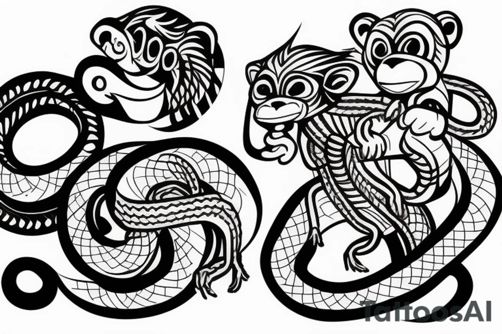 Monkey holding a snake riding a horse tattoo idea
