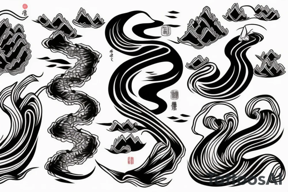 Japanese traditional style with thick outlines long river with black water only tattoo idea