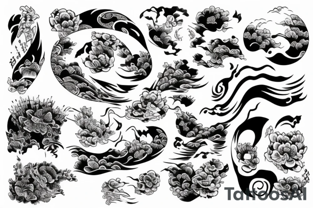 Japanese traditional style with thick outlines long cam river tattoo idea