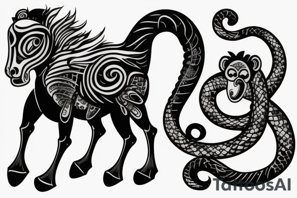 Monkey on horse holding a snake tattoo idea