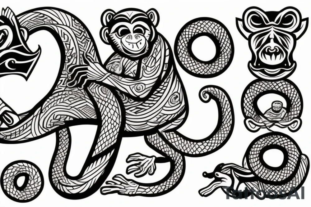 A monkey riding on top of a horse , the monkey is holding a snake in his hand tattoo idea