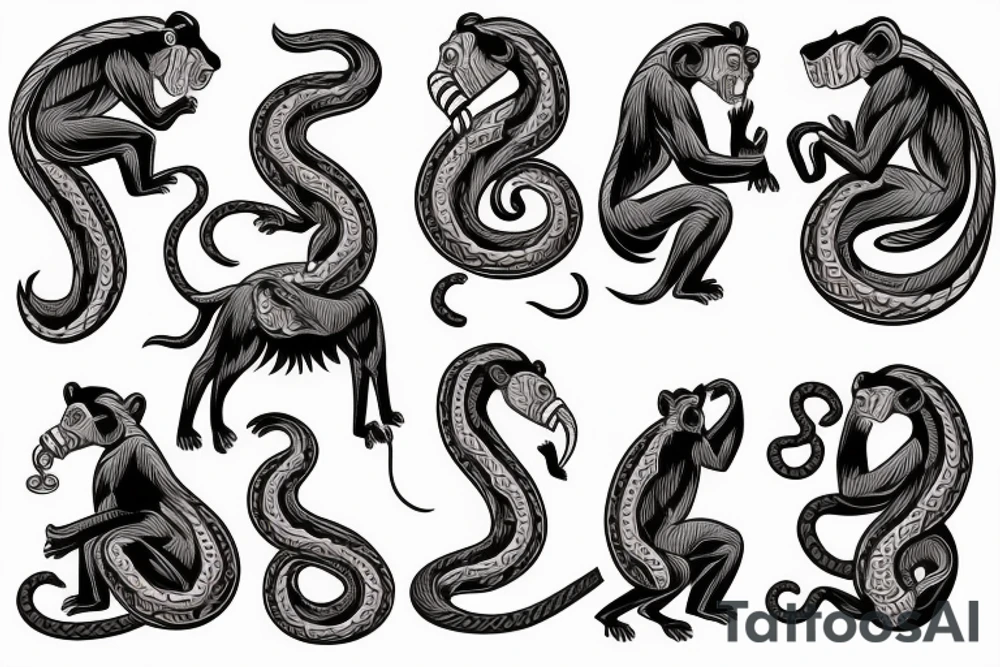 A monkey riding on top of a horse , the monkey is holding a snake in his hand tattoo idea