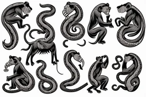A monkey riding on top of a horse , the monkey is holding a snake in his hand tattoo idea