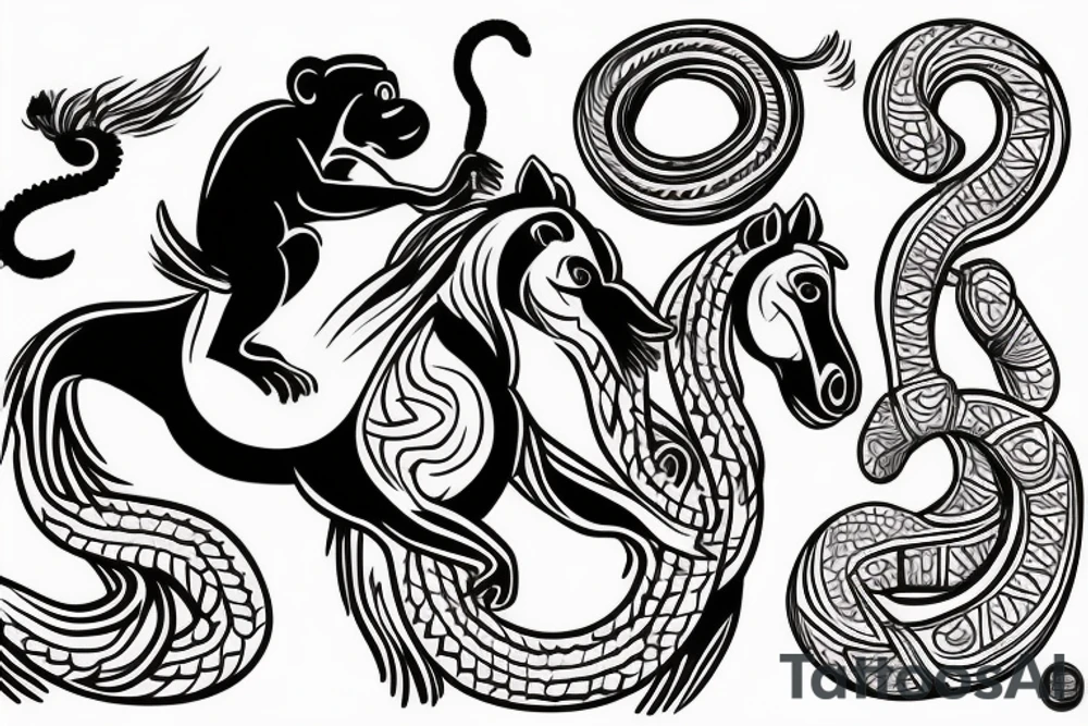 A monkey riding on top of a horse , the monkey is holding a snake in his hand tattoo idea